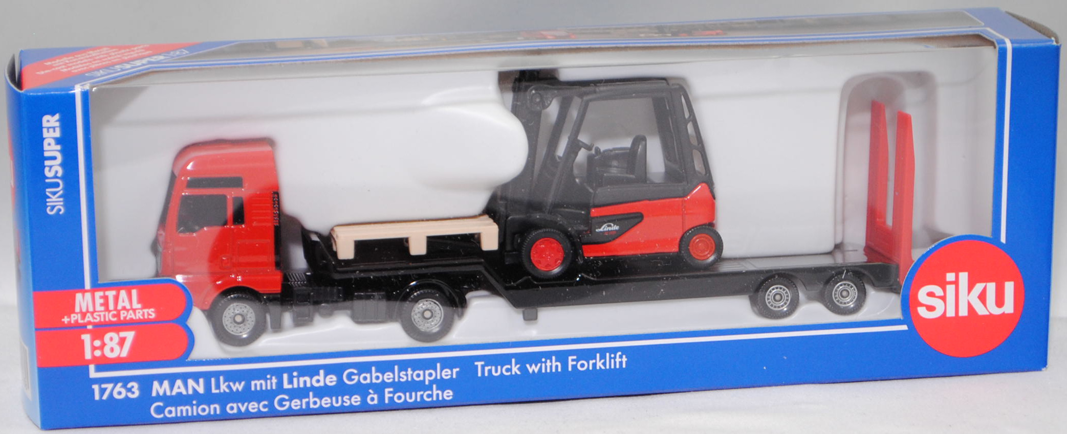 00000 MAN TGX 18.580 D38 XXL 4x2 (Modell 2017-2019) und Sattelauflieger mit Linde Elektro-Gegengewichtsstapler E35/600H (Modell 2011-2017), rot/schwarz, SIKU SUPER 1:87, L17mpK