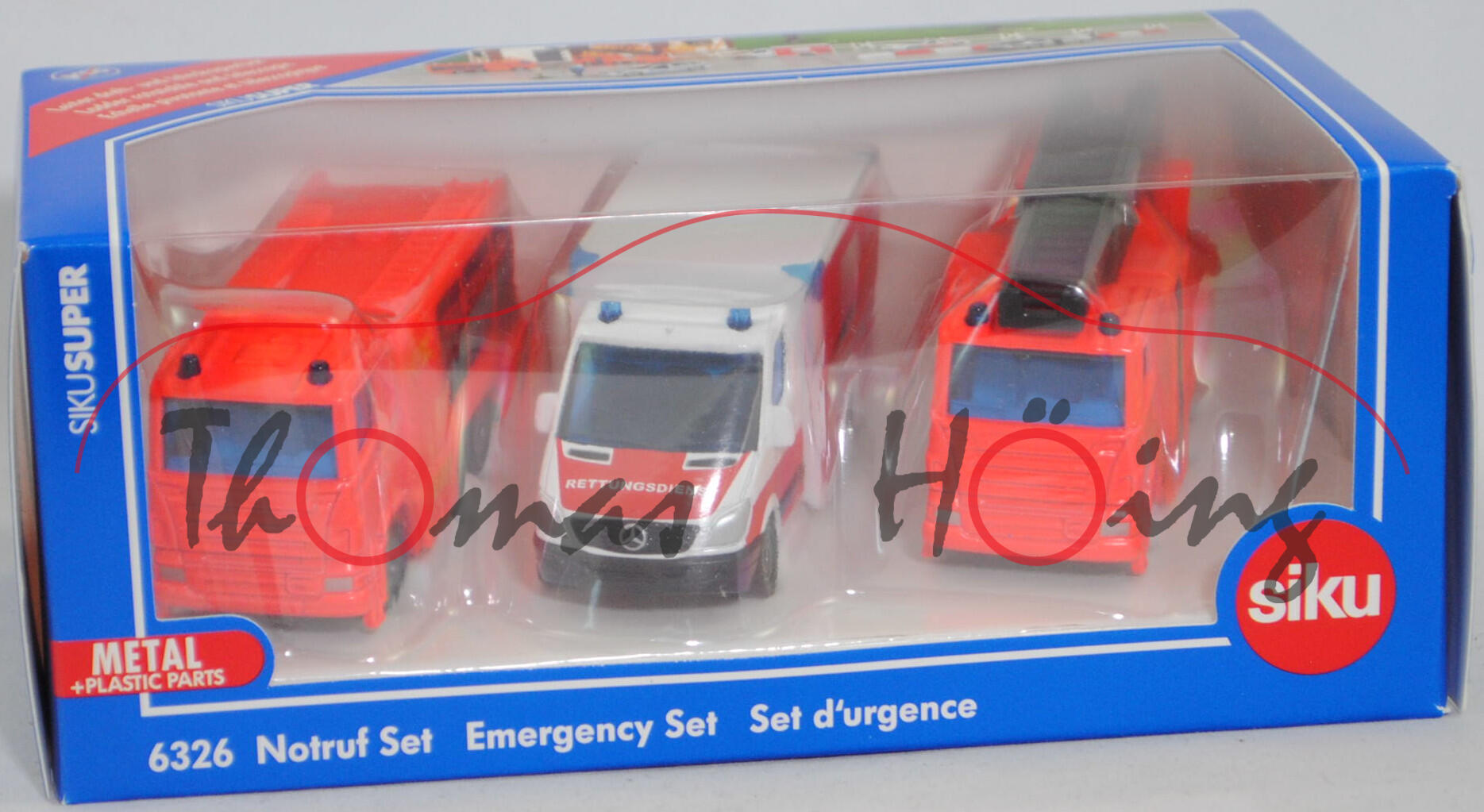 00001 Notruf Set: Scania R380 Tanklöschfahrzeug + MIESEN Rettungswagen + Scania R380 Feuerwehr-Drehleiter, Stoßfänger vorne durchgehend, SIKU, L17mpK