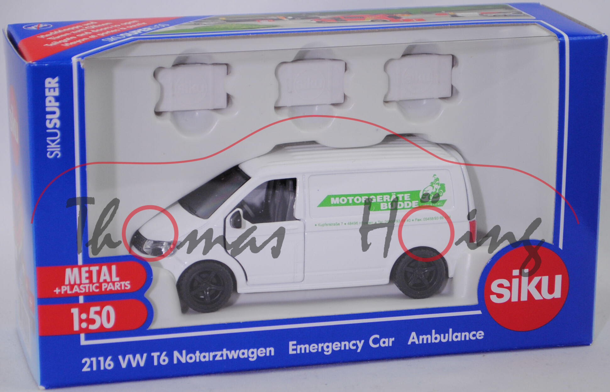 00401 Budde VW T6 Transporter Kastenwagen 2.0 TSI (Modell 2015-2019), reinweiß, MOTORGERÄTE / BUDDE GMBH & Co KG, SIKU, 1:50, L17mpK (Limited Edition 50 pcs.)