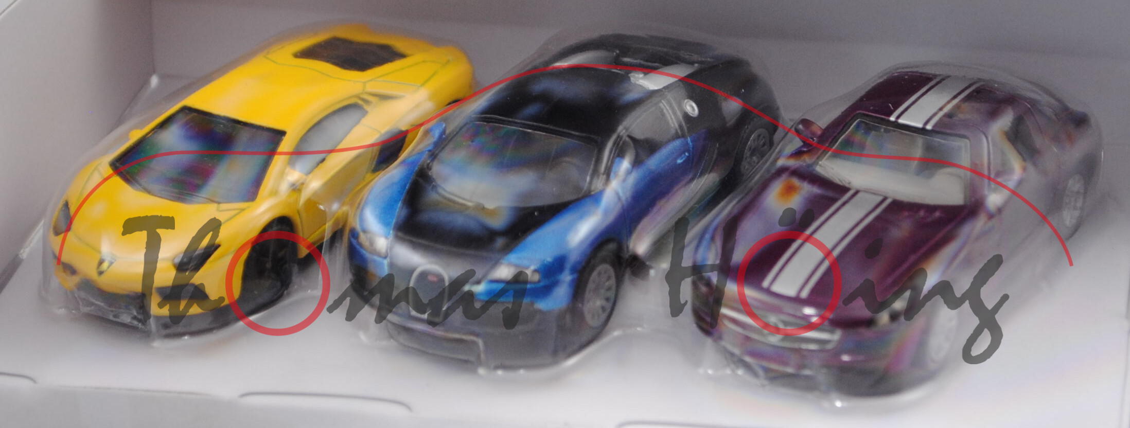 00001 Geschenkset Sportwagen: Lambo Aventador, gelb; Bugatti Veyron, blau/schwarz; MB SLS AMG, borde