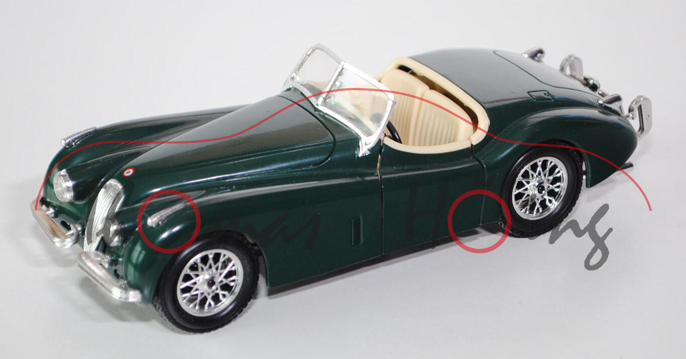 Jaguar XK 120 Roadster, Modell 1948, moosgrün, Türen + Motorhaube zu öffnen, mit Lenkung, Bburago BI