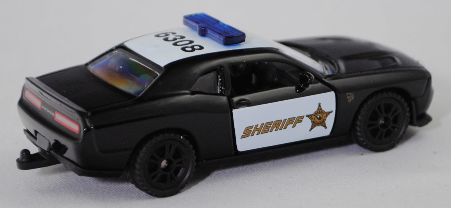 00000 Dodge Challenger SRT Hellcat (3. Generation, Facelift 2014, Modell 2014-2018) County Sheriff, schwarz, Sheriff-Stern und SHERIFF, SIKU SUPER, 1:63, P29f