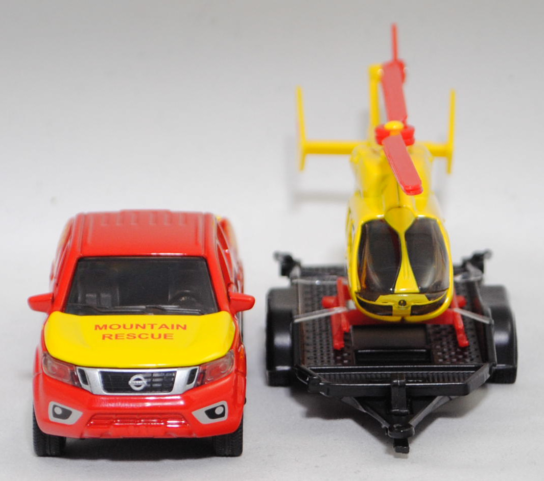 00000 NISSAN NAVARA Double Cab 4x4 (Modell 2014-2020) mit Autotransporter und Eurocopter EC 145 (Modell 2002-2014), rot/gelb, MOUNTAIN / RESCUE, SIKU SUPER 1:50, L17mpK