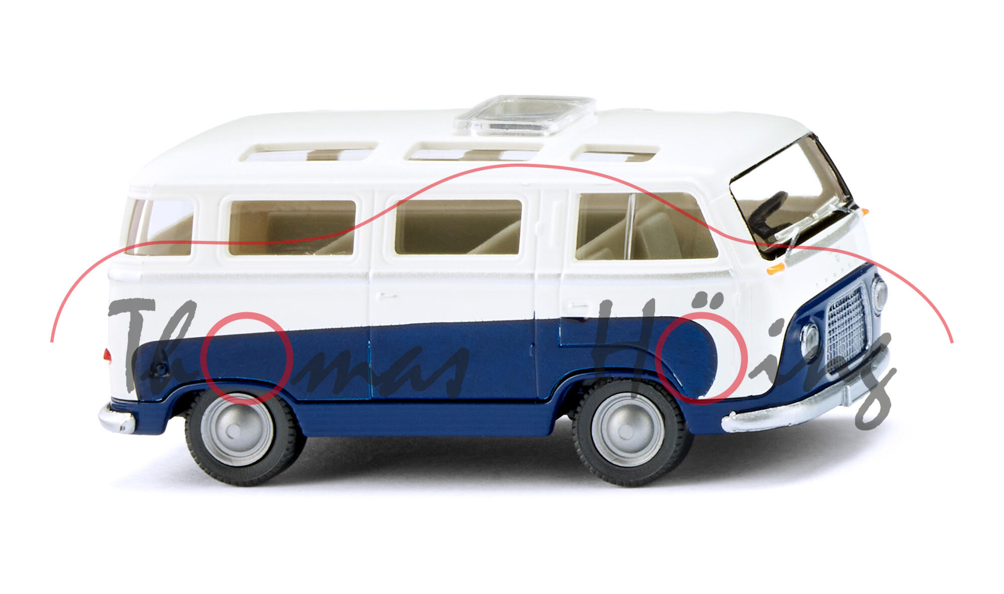 Ford Taunus Transit Panoramabus TT 800 (Typ G1BTOL, Mod. 62-65), weiß/saphirblau, Wiking, 1:87, mb