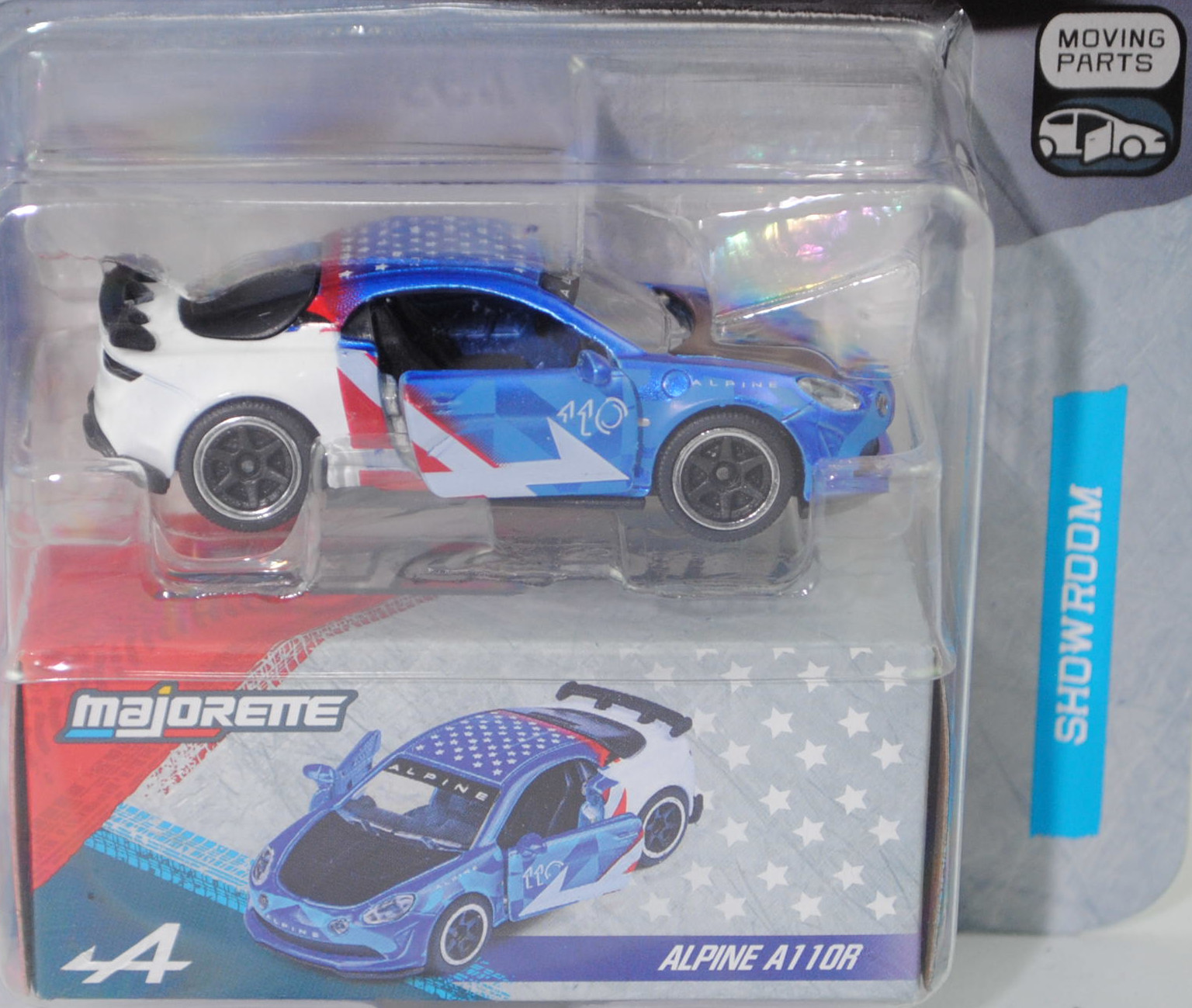 ALPINE A110 R (2. Generation, Typ AEF, Facelift 2021, Modell 2022-) (Nr. 221N), Karosserie vorne blau, Karosserie hinten weiß, majorette, 1:58, Blister (SHOWROOM DELUXE CARS)