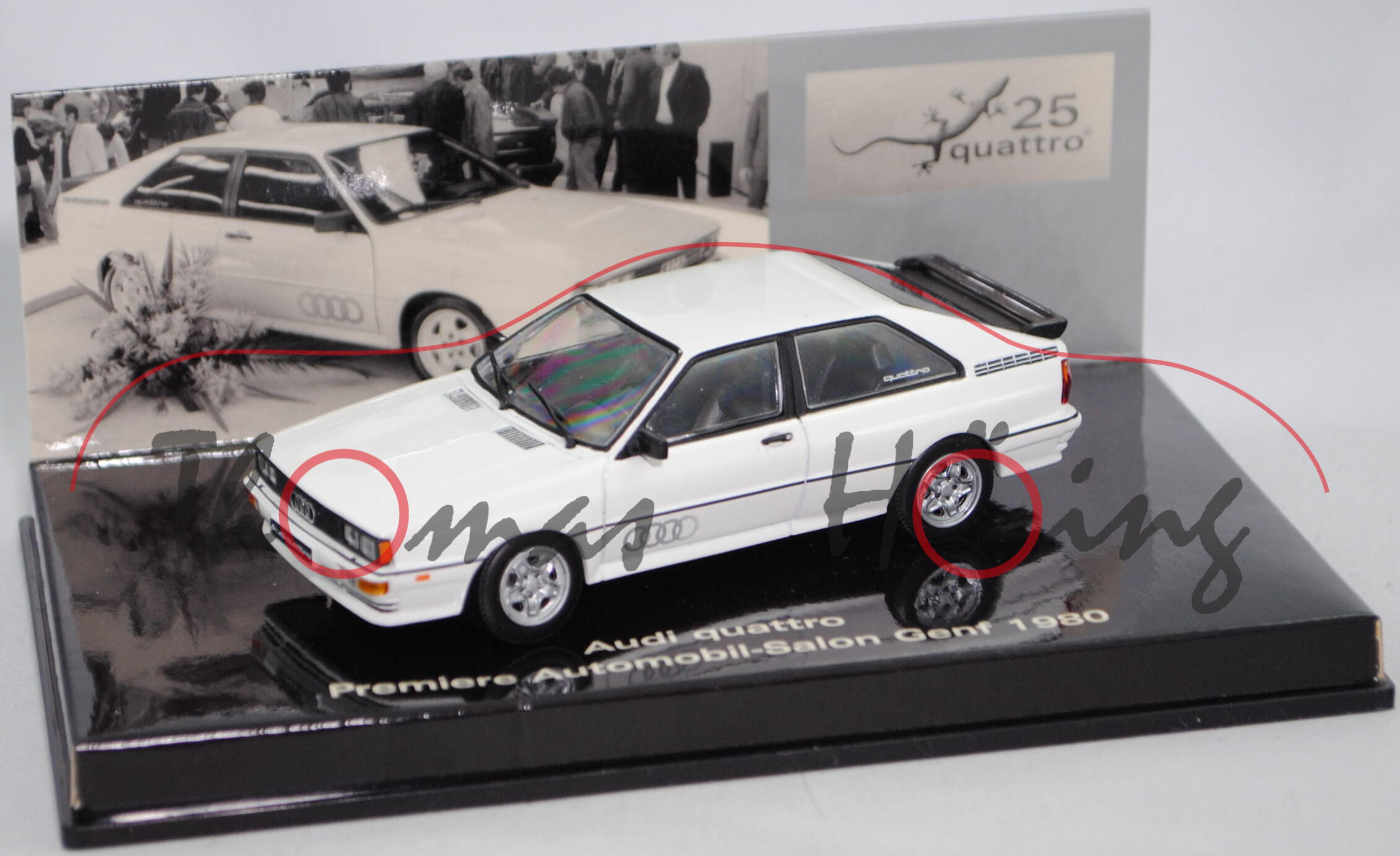 Audi quattro (B2, Typ 85Q, Modell 1980-1982), alpinweiß, Minichamps, 1:43, Werbebox 25 Jahre quattro