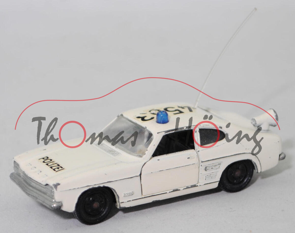 00008 Ford Capri 1700 GT (Typ Capri '69 oder Mk I, Modell 1969-1972) Autobahnpolizei Düsseldorf, reinweiß, POLIZEI / 4563, Verglasung klar, R3, SIKU, 1:60, vsc