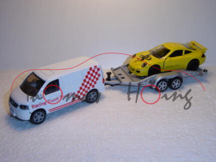 VW T5 Transporter (Modell 2003-2009) mit Anhänger und Porsche 911, wieß, silber und gelb, Racing Tea