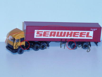 Iveco Container Sattelzug, pastellorange/schwarz/rubinrot, SEAWHEEL, Wiking, 1:87, mb