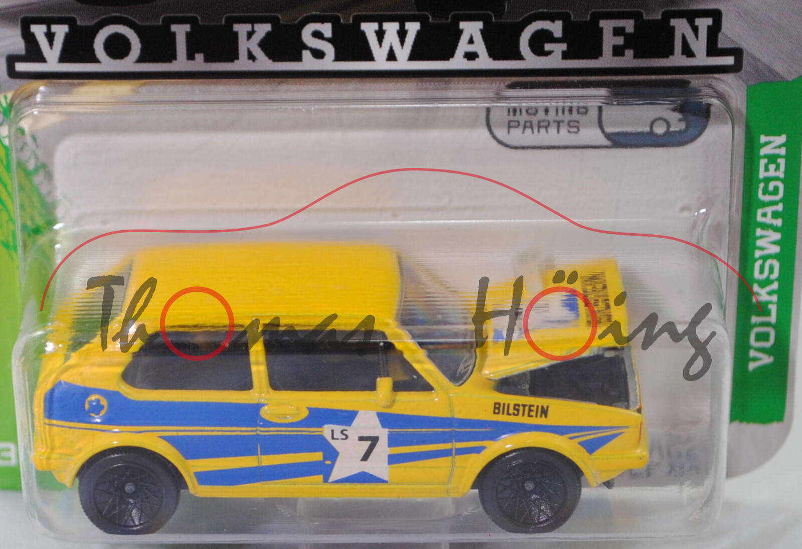 VW Golf I GTI (Typ 17, Modell 1976-1978) Rallye im PIERBURG-Design, gelb, Rallyelegend 2011, Fahrer: P. Eklund / H. Sylvan, majorette, 1:52, Blister (VOLKSWAGEN PREMIUM CARS)