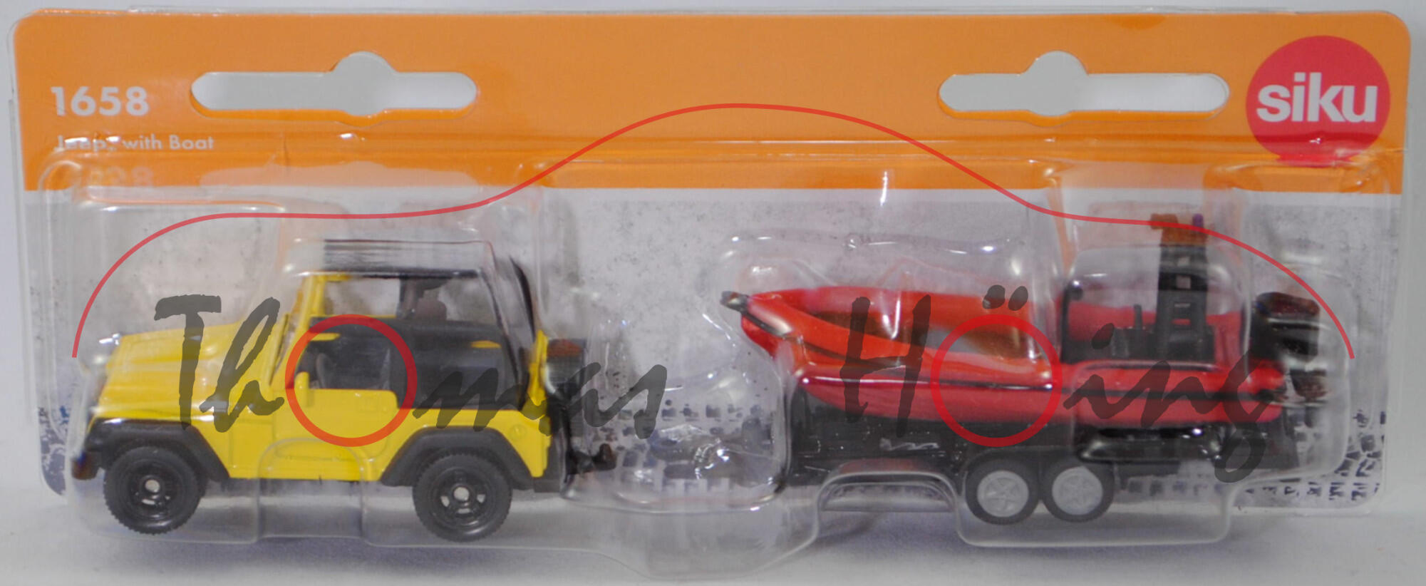00004 Jeep Wrangler Sport 4.0 (TJ, Facelift 2002, Modell 2002-2006) mit Motorbootanhänger und Mehrzweckboot MZB 72/AB, verkehrsgelb + schwarz,  SIKU SUPER, P29f