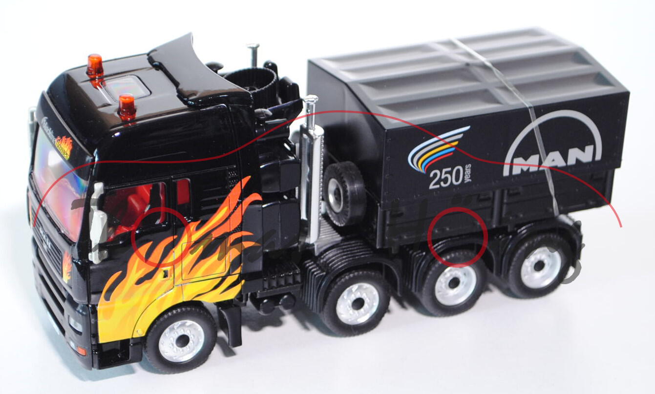 MAN TGA Schwertransporter, schwarz, 250 years MAN, blackline flames design by siku, Werbeschachtel (