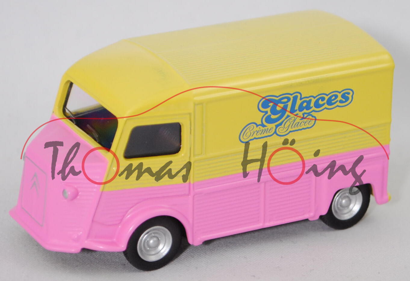 Citroen Typ HY (Mod. 48-81, Bj. 1980) Eiswagen, gelb/violett, Glaces/Crème Glacée, Norev, 1:58, mb