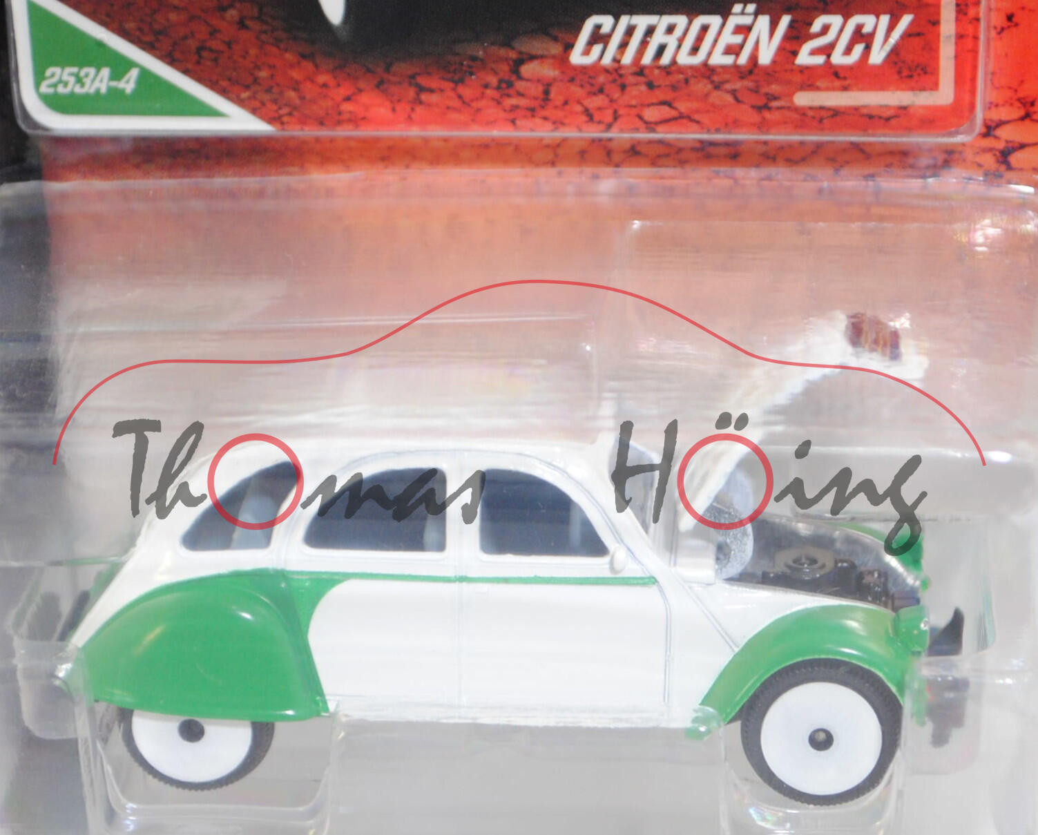 Citroen 2CV 6 (Mod. 75-77) Dolly (Design vgl. Modell aus 85), grün (Vert Bamboo)/weiß (Blanc Meije), Nr. 253A-4, majorette, 1:64, Blister