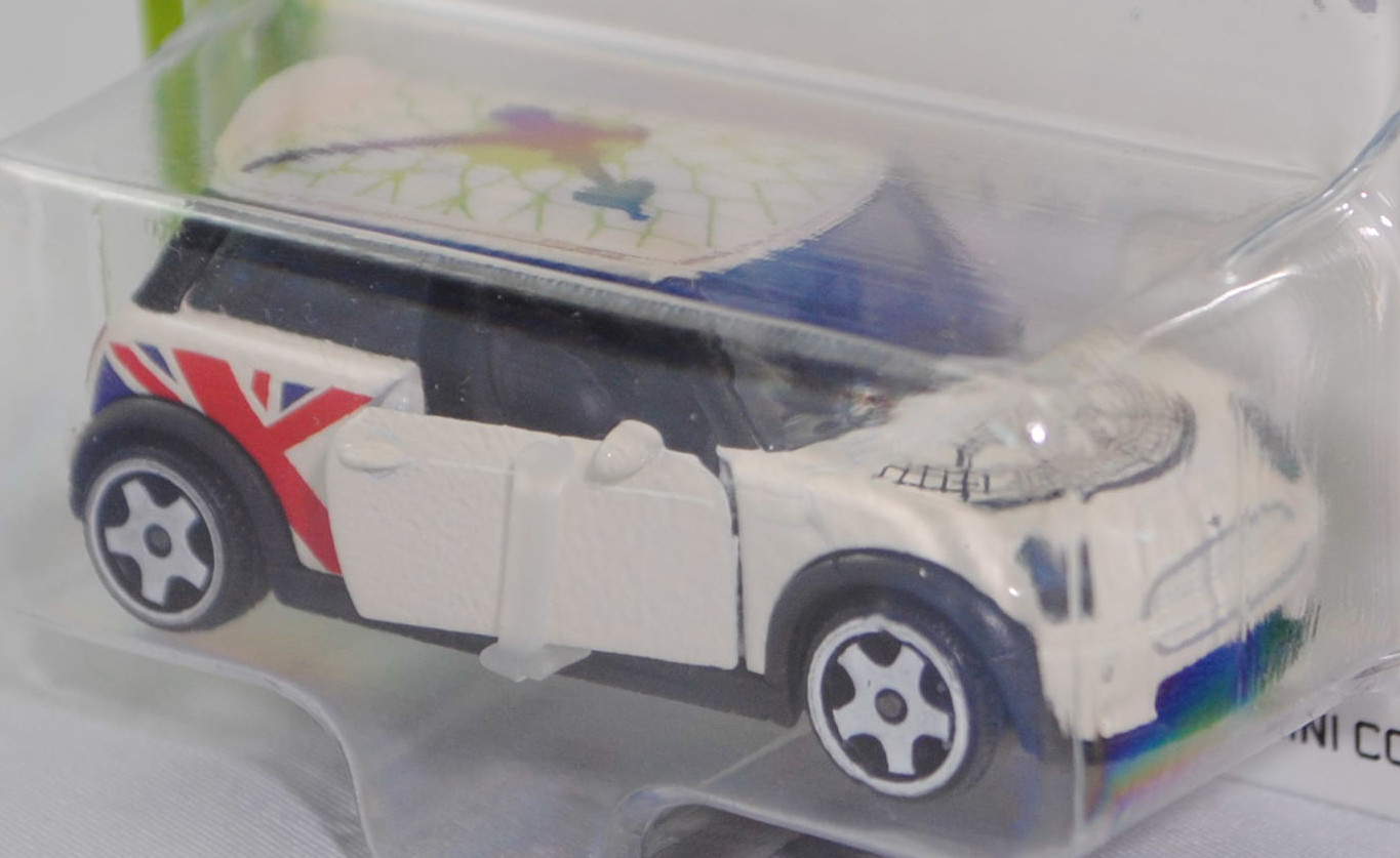 MINI Cooper S (R53, Vorfacelift, Modell 2002-2004) (Nr. 265D), Karosserie cremeweiß, Dach cremeweiß, Union Jack, majorette, 1:55, Blister (MINI ICONS PREMIUM CARS)