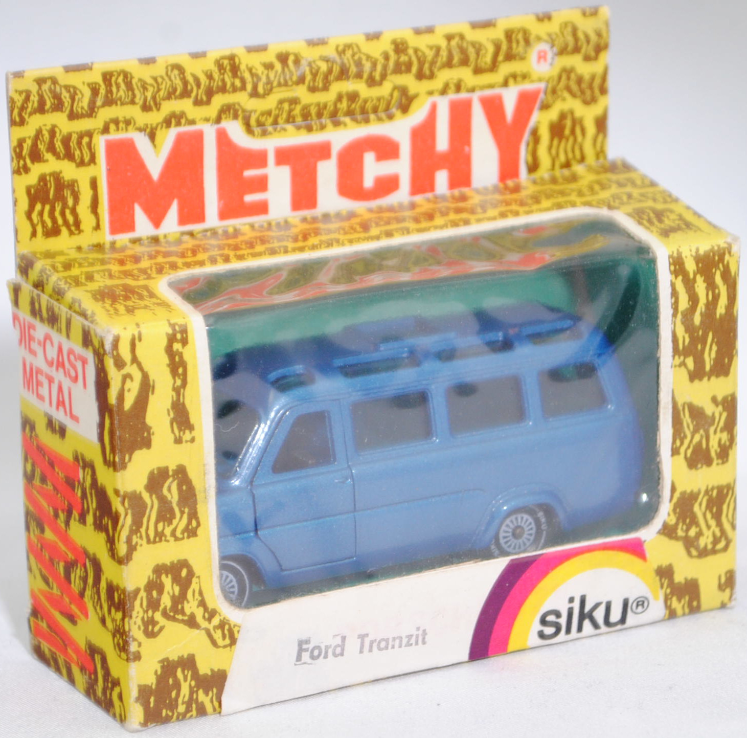 06403 HU Ford Transit Panorama-Bus FT 130 (Transit '71, Modell 1971-1975) Schulbus, grünblaumetallic, Chassis chrom, SIKU Ungarn / Metchy, 1:60, Schachtel Ungarn 2 (HUNGARY SPECIAL)