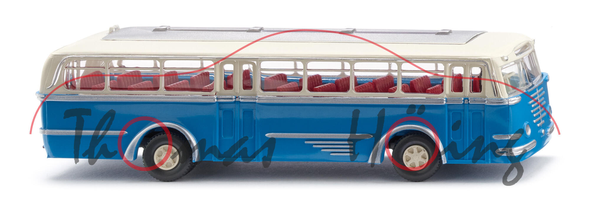 Büssing Trambus 5000 TU mit Busfahrer (Modell 1949), Karosserieoberteil hellelfenbein, Karosserieunterteil himmelblau, Wiking, 1:87, mb