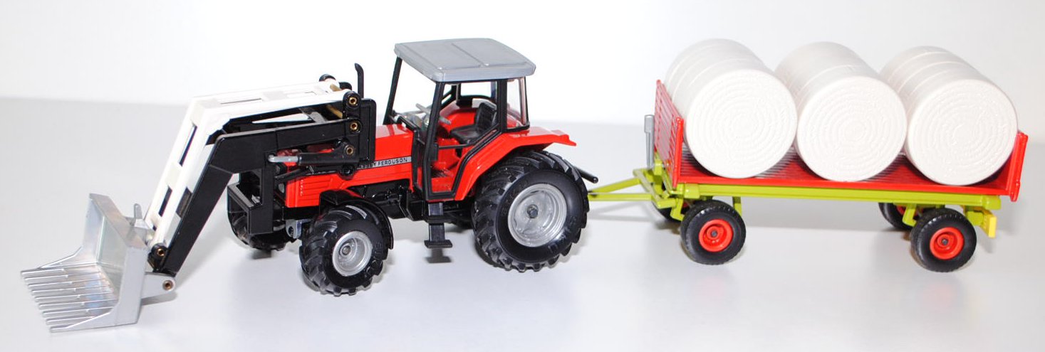 Massey Ferguson 4270 mit Frontlader und Rundballenanhänger, verkehrsrot/schwarz und verkehrsrot/hell