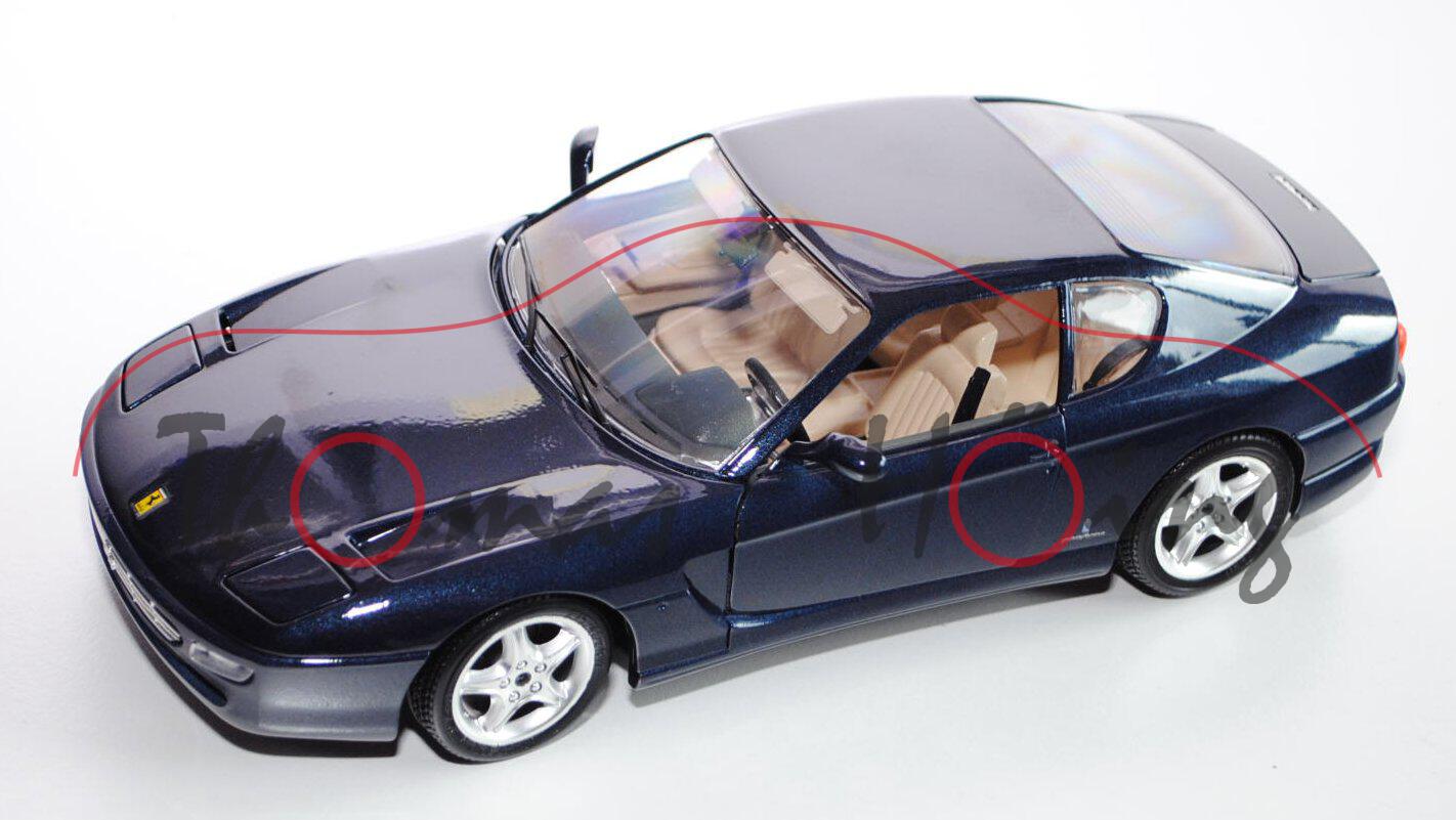 Ferrari 456 GT (1992), schwarzblaumetallic, Türen + Kofferraum zu öffnen, mit Lenkung, Bburago, 1:18