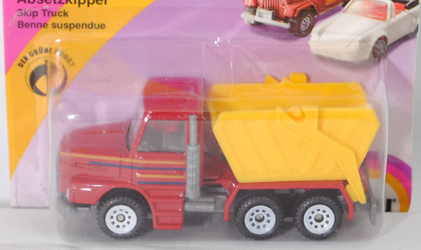 00001 Scania T143H-400 6x4 (Modell 1988-1991) Absetzkipper, rot, Streifen in gelb/blau auf den Seiten, Mulde gelb, Bpr. 0808/1013/1014, C1 weiß, SIKU SUPER, 1:93, P23