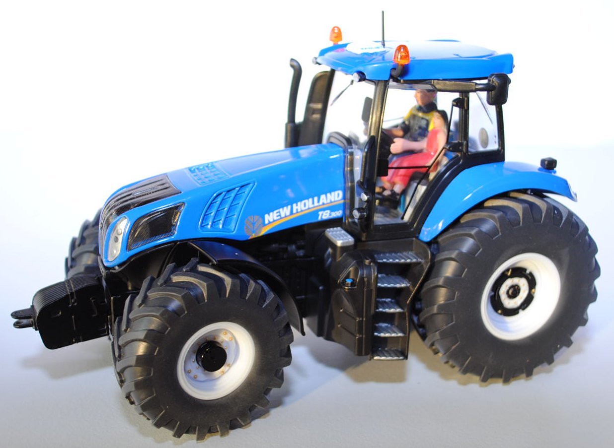 00301 New Holland T8.300 Traktor, himmelblau/schwarz, Sitz blau, mit Fahrer und mit Kind als Beifahr