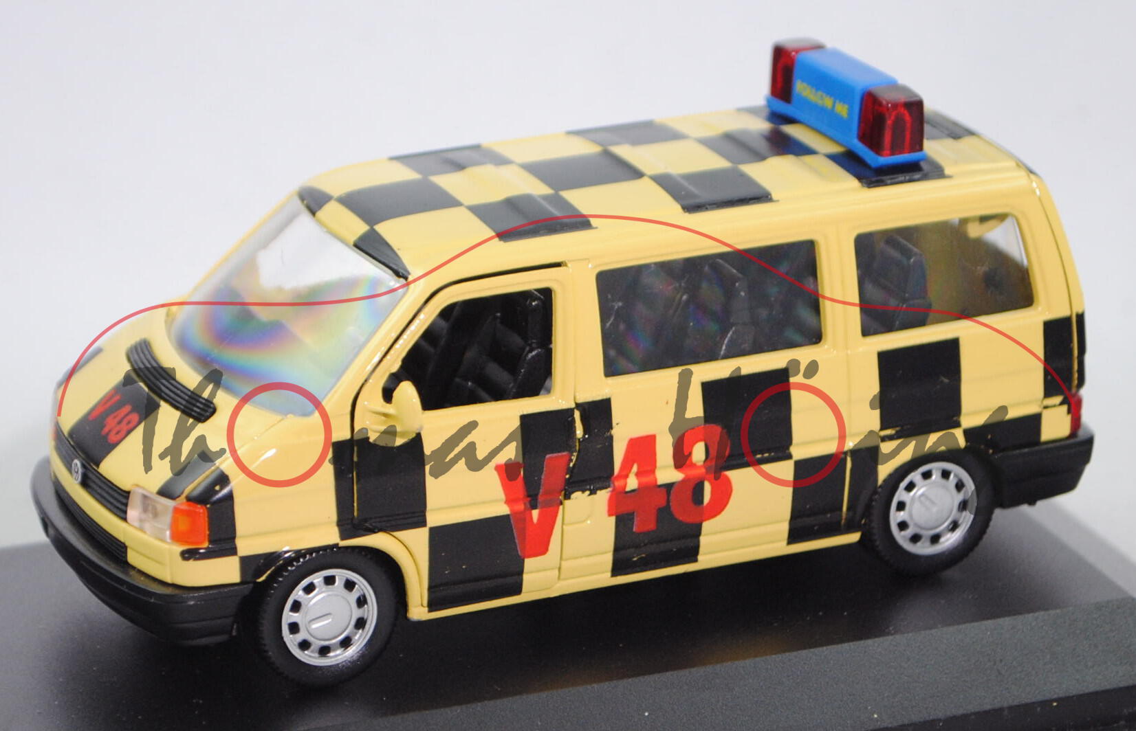 VW T4 Caravelle (Typ 70, Modell 1990-1995) Follow-me-Car, gelb/schwarz, Schabak, 1:43, PC-Box (m-)