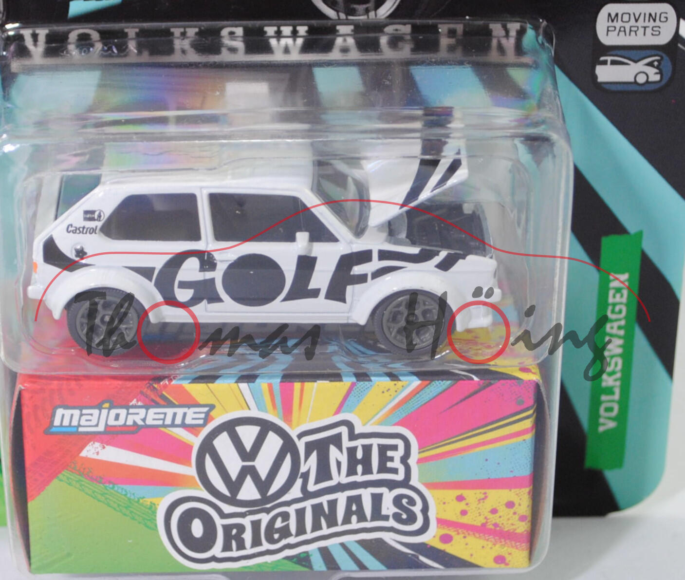 VW Golf I GTI (Modell 1976-1978) Rallye Gruppe 2 im Zebra-Look, weiß, 10. DRM 1979, Fahrer: Holger Bohne / Peter Diekmann, majorette, 1:52, Blister (VOLKSWAGEN DELUXE CARS)