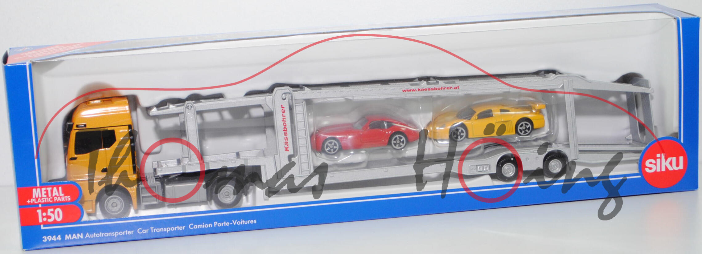 00002 MAN TGX 18.520 4x2 BL SA (Modell 2021-) mit Kässbohrer Autotransporter ruslan (Modell 2008-2011) und Ladegut, new golden topaz metallic + silbergraumetallic, SIKU SUPER 1:50, L17mpK