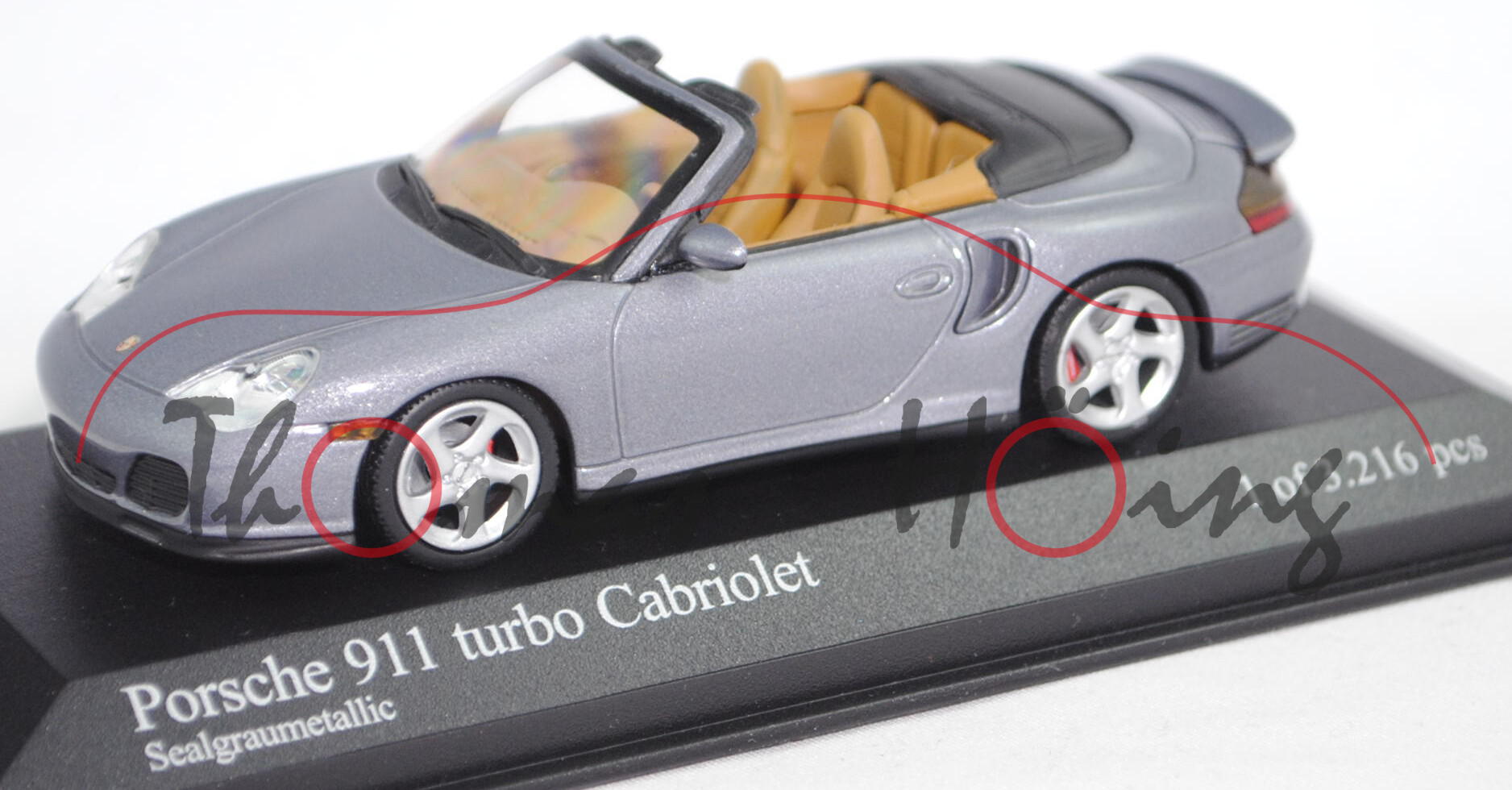 Porsche 911 turbo Cabriolet (Typ 996/2, Mod. 03-05), sealgraumet., Spiegel weg, Minichamps, 1:43, mb