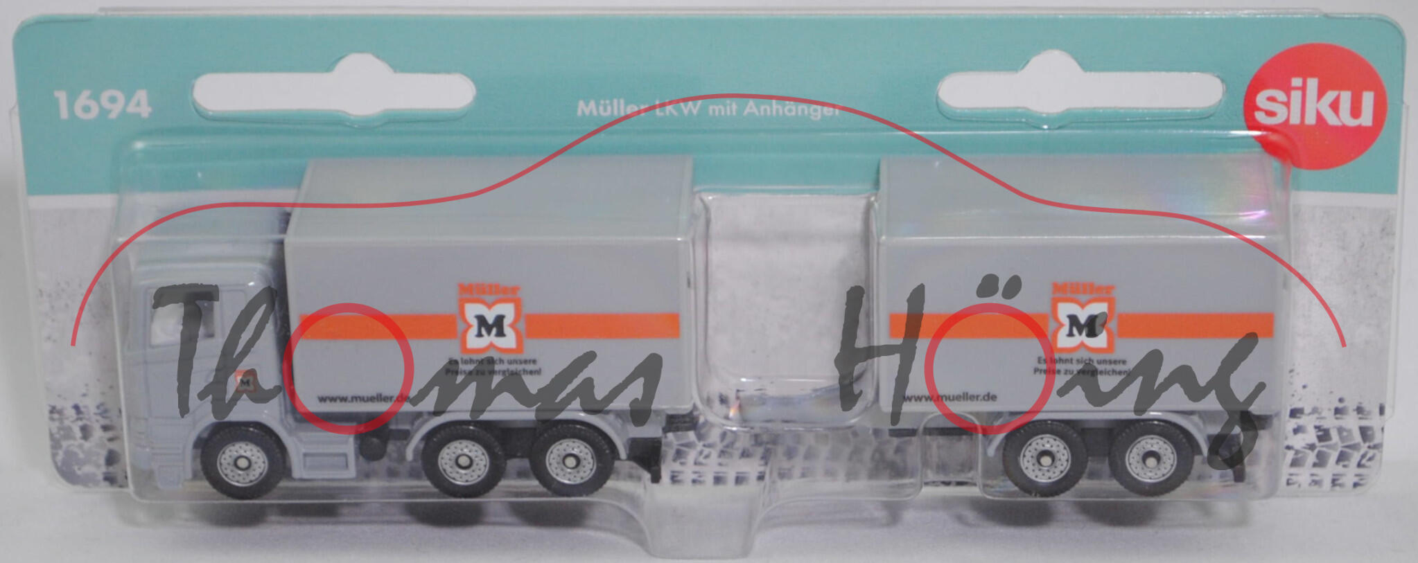 00400 Scania R380 (Scania Serie 5 bzw. PRT-Serie, Typ CR16, Modell 2007-2009) Koffer-LKW mit Tandem-Anhänger, silbergrau, Müller, SIKU SUPER, 1:89, P29f Werbeschachtel
