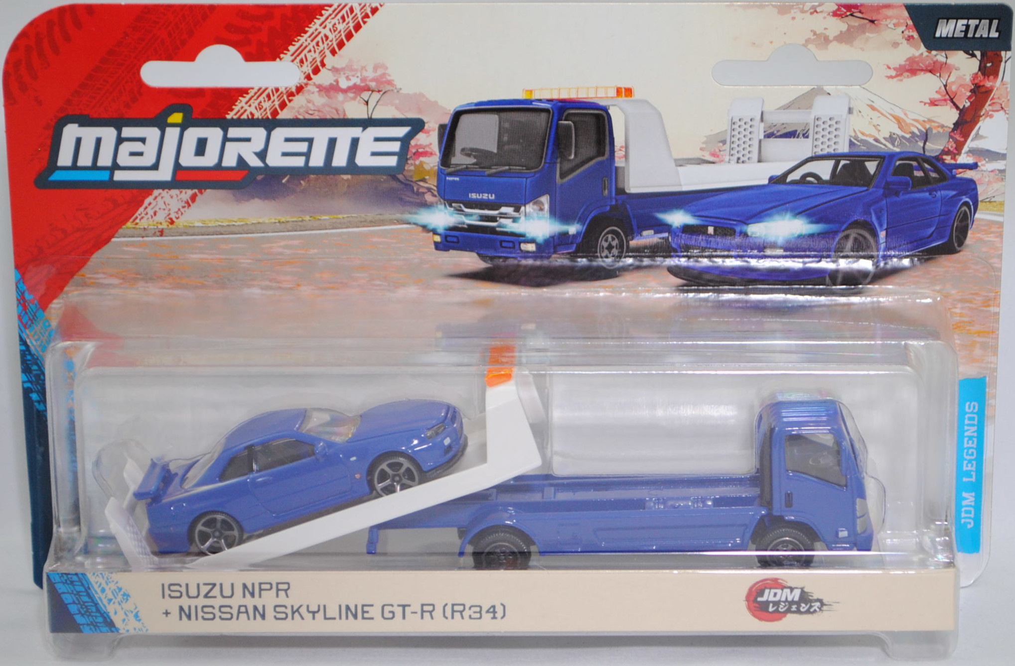ISUZU NPR75 4x2 (Modell 2016-2023) Abschleppwagen mit Nissan Skyline GT-R (R34, Modell 1999-2002), hell-ultramarinblau, majorette, Blister (JDM Legends Car Transporter)