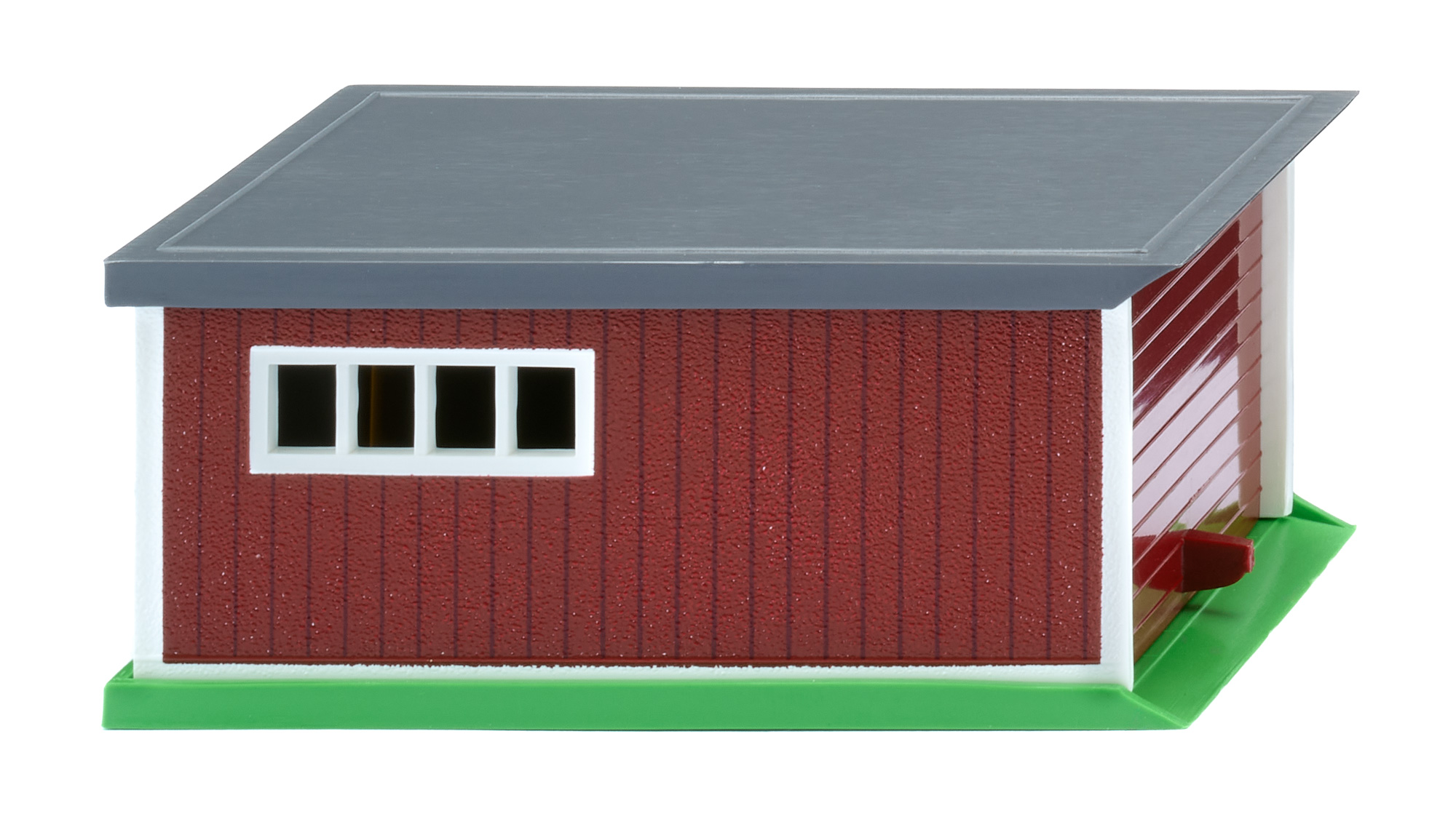 PKW-Garage Schwedenhaus, Bodenplatte gelbgrün, Außenwände weiß mit Druck Bretterwandoptik im schwedischen Holzstil, Garagentor braunrot, Dach schiefergrau, Wiking, 1:87, mb