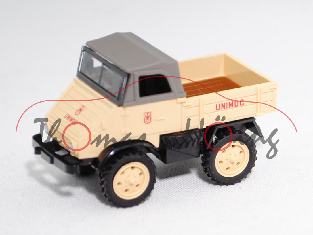 Mercedes-Benz Unimog 411 mit Verdeck (Dach) (Typ U32, Modell 1957-1961), beige/schwarz, Werbebox