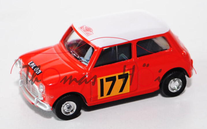 BMC Austin Mini Cooper S Mk 1, Modell 1959-1967, blutorange, Dach reinweiß, Rallye Monte Carlo 1967,