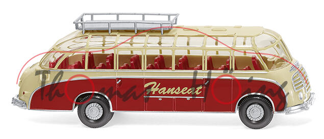 Setra S8 Reisebus (Modell 1952-1958), elfenbeinbeige, innen karminrot, Hanseat, Wiking, 1:87, mb