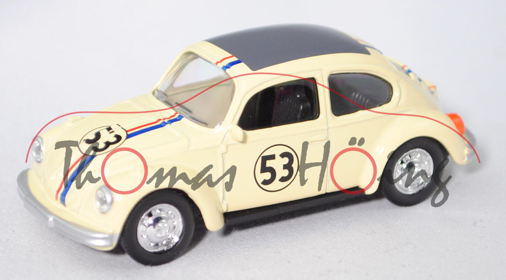 VW Käfer 1303 (Mod. 72-75), elfenbein, angedeutetes Faltdach grau, Nr. 53, Herbie, 1:54, Norev, mb