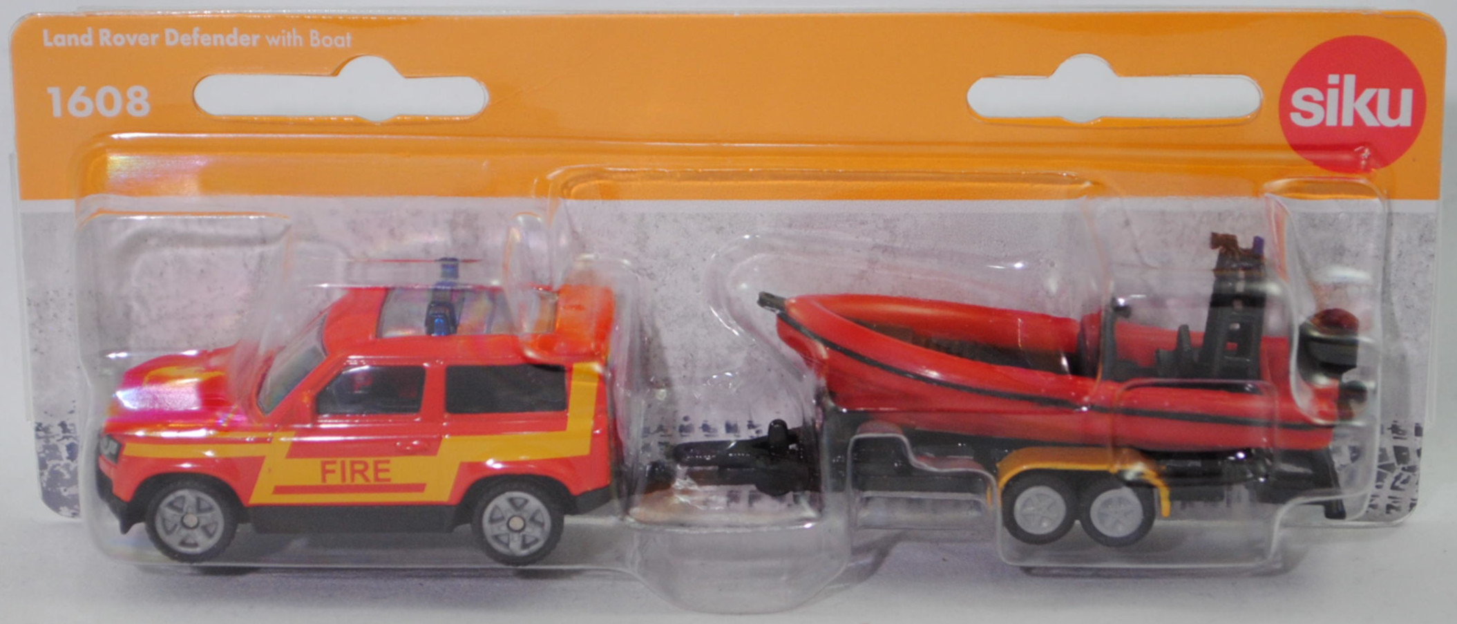 00000 Land Rover Defender 90 S P400 AWD (Modell 2020-2025) Feuerwehr mit Anhänger und Mehrzweckboot MZB 72/AB (Modell 2005-), rot, FIRE, SIKU SUPER, P29f