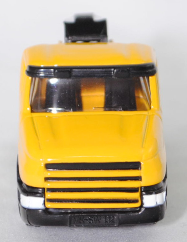 00003 Scania T114GB 6x4 NZ 340 (Serie 4, Fahrerhaustyp CT14, Modell 1995-1998) Abschleppwagen, gelb, Ausleger mit Abschlepphaken schwarz, C1 chrom, SIKU SUPER, 1:86, m