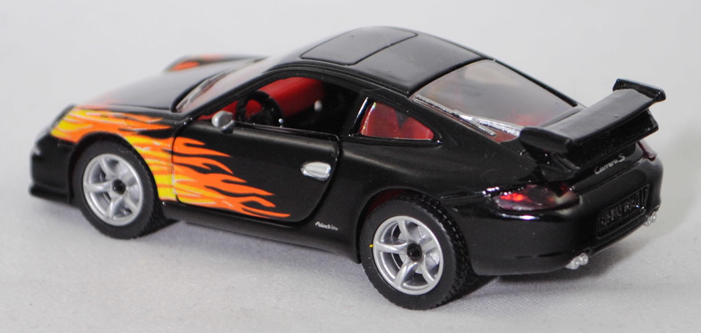 00401 Porsche 911 Carrera S (Typ 997.1 Coupé / 997 MK1 Coupé, Vorfacelift, Modell 2004-2008), schwarz, blackline / Flammendesign, SIKU SUPER, 1:55, m