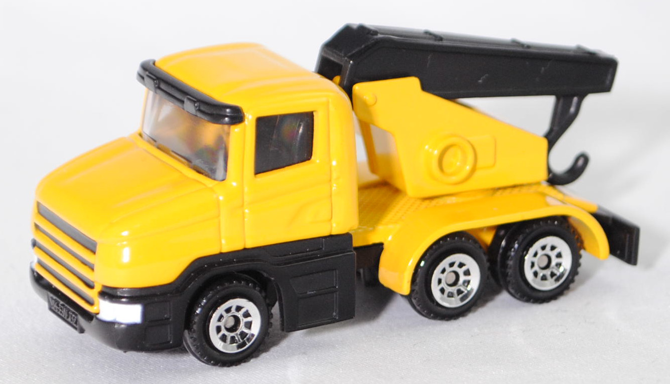 00003 Scania T114GB 6x4 NZ 340 (Serie 4, Fahrerhaustyp CT14, Modell 1995-1998) Abschleppwagen, gelb, Ausleger mit Abschlepphaken schwarz, C1 chrom, SIKU SUPER, 1:86, m