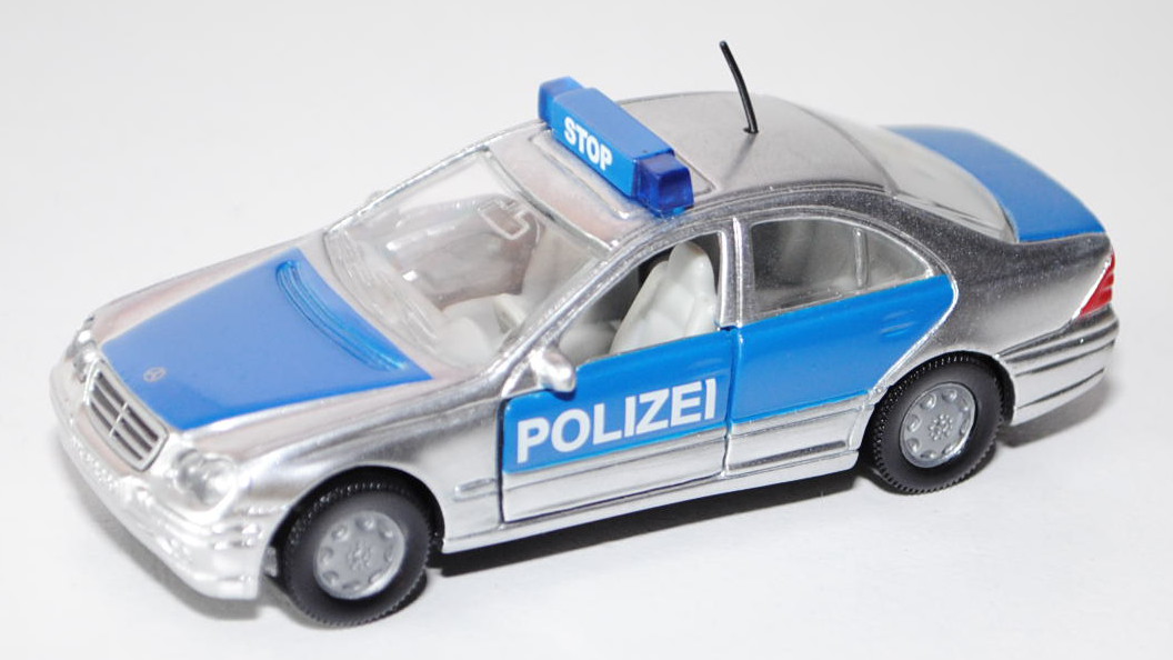 Mercedes C 320 (Baureihe W 203) Peterwagen, Modell 2000-2004, chromsilber/blau, POLIZEI, mit Blaulic