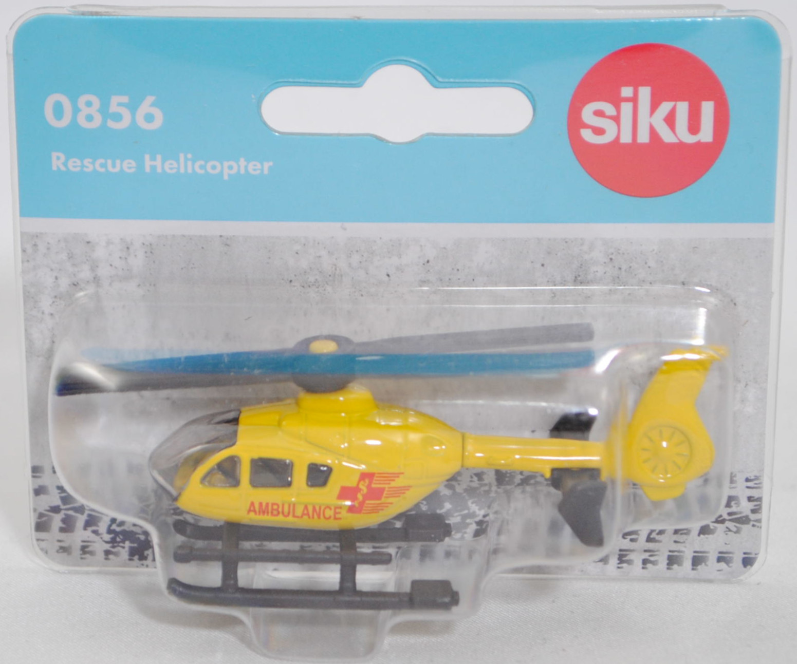 00002 Rettungshubschrauber Eurocopter EC 135 T1 (1. Generation, Baureihe EC 135, Modell 1996-2002), signalgelb, AMBULANCE und Kreuz mit Äskulap Stab, SIKU SUPER, 1:144, P29f