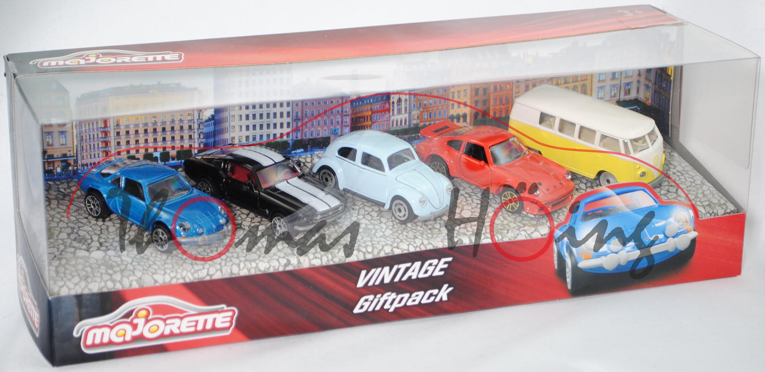 Vintage Giftpack (5 Modelle): Renault + Ford + VW Beetle / Käfer + Porsche + VW T1, majorette, mb