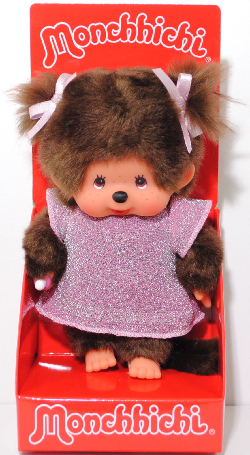 Monchhichi Glitter Dress Pink Girl (Mädchen im pinken Glitzerkleid), 20 cm groß, Sekiguchi (EAN 4905610204052)