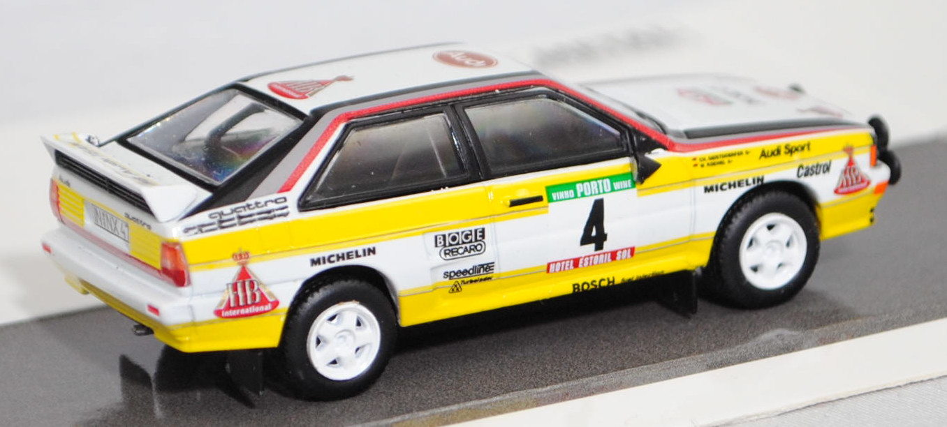 Audi quattro A2 Gruppe B (R1, Homologationsnummer B-243, Modell 1983-1984), weiß, 18. Rallye Portugal 1984, Nr. 4, Walter Röhrl / Christian Geistdörfer, Schuco, 1:64, mb