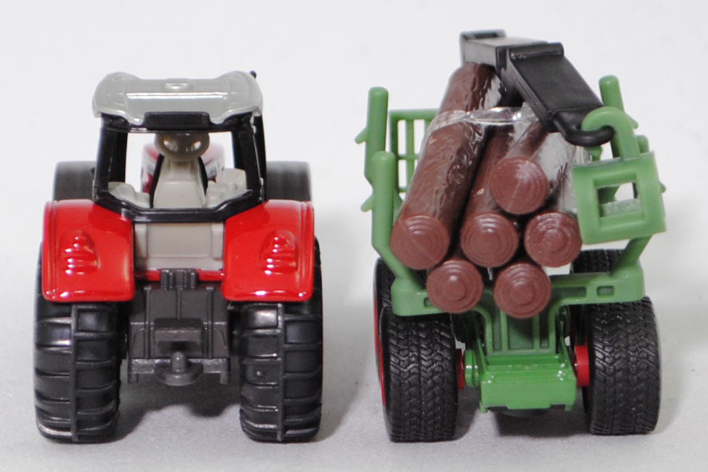 00000 Massey Ferguson MF 8737 Dyna-VT Efficient (Modell 2014-2017) Traktor und Forstanhänger mit Zwei-Achs-Fahrgestell, karminrot und hell-grasgrün, SIKU SUPER, P29f
