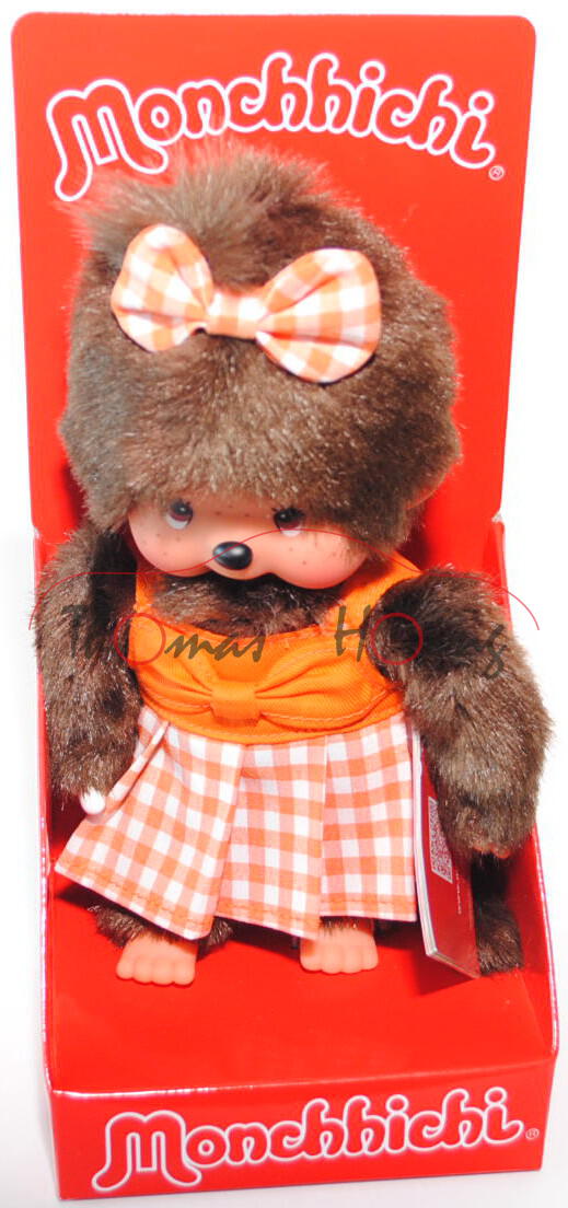 Monchhichi Orange Checker Sundress Girl (Mädchen mit orangem Sommerkleid), 20 cm groß, Sekiguchi