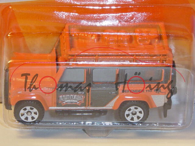 Land Rover Defender 110, Mj. 1997, hellrotorange, CONGO CREW / RAIN FOREST, Matchbox, 1:64, Blister