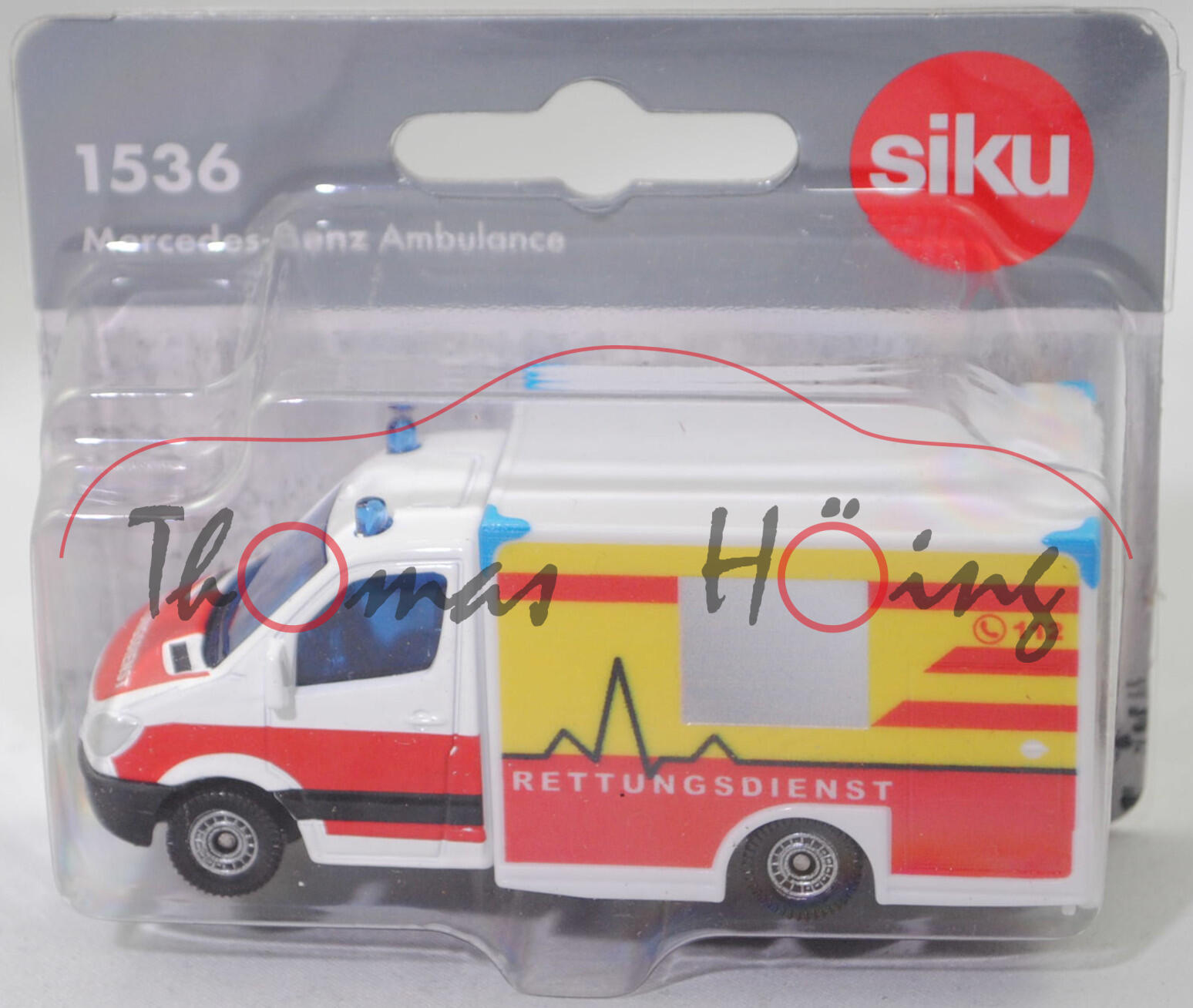 00002 MIESEN Rettungswagen mit Kofferaufbau auf Mercedes-Benz Sprinter II (Modell 2006-2009) Fahrgestell, weiß, RETTUNGSDIENST, Kühlergrill ohne Lüftungsgitter, SIKU SUPER, 1:78, P29f
