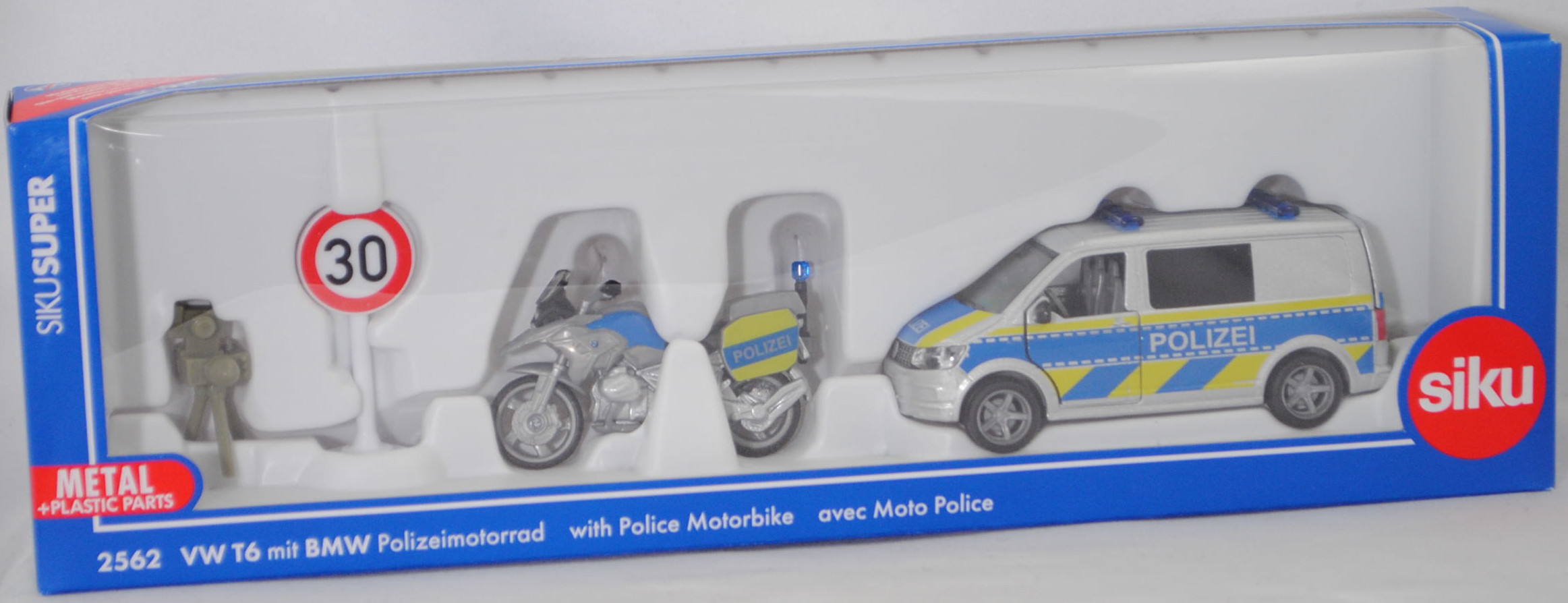 00000 VW T6 Transporter Kastenwagen 2.0 TSI (Modell 2015-2019) Polizei mit BMW R 1250 GS LCI (Modell 2020-2023) Polizei Motorrad und Zubehör, silber, SIKU SUPER 1:50, L17mpK